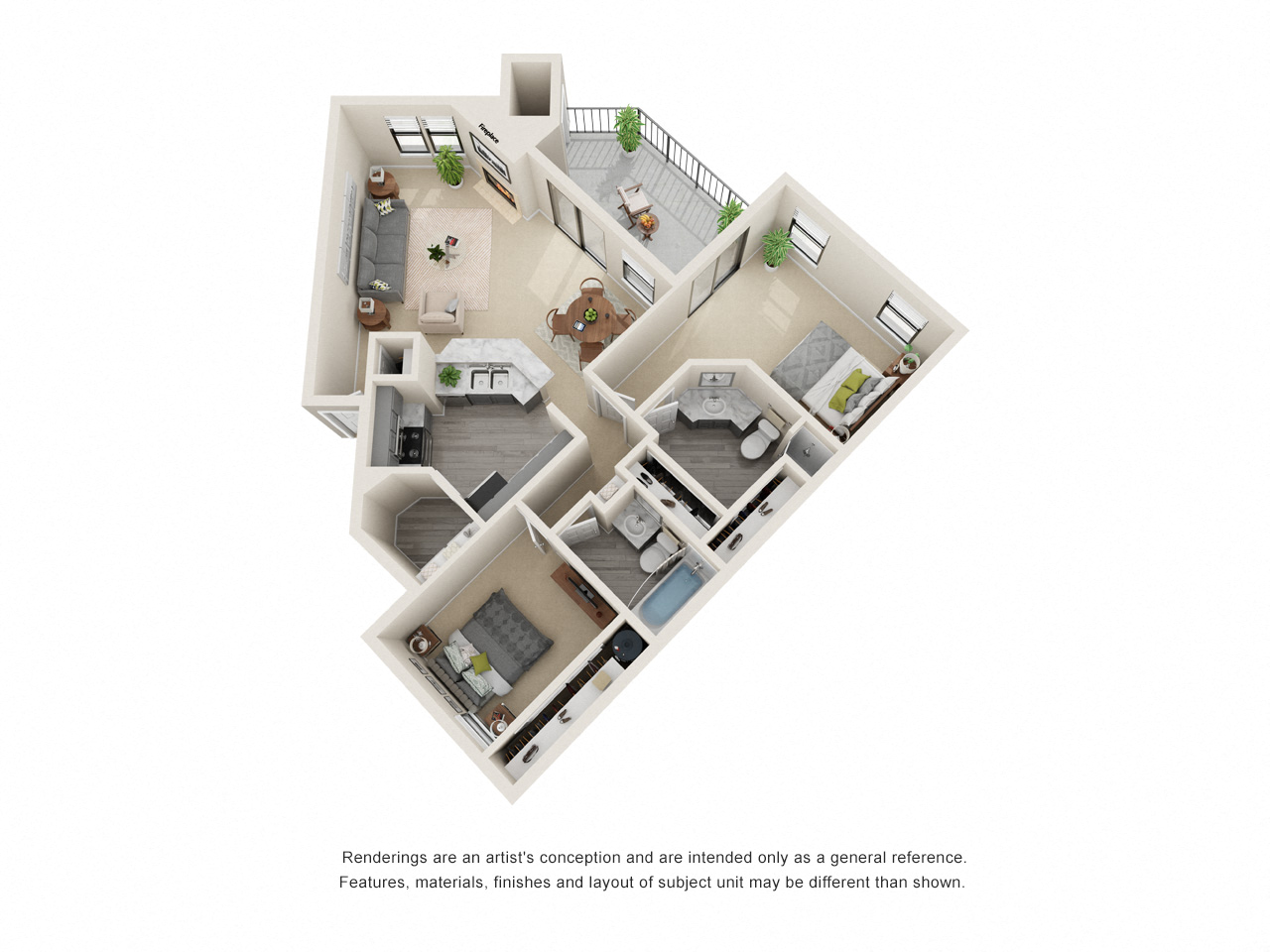 Floor plan for 2 beds, 2 baths, 1049 sqft